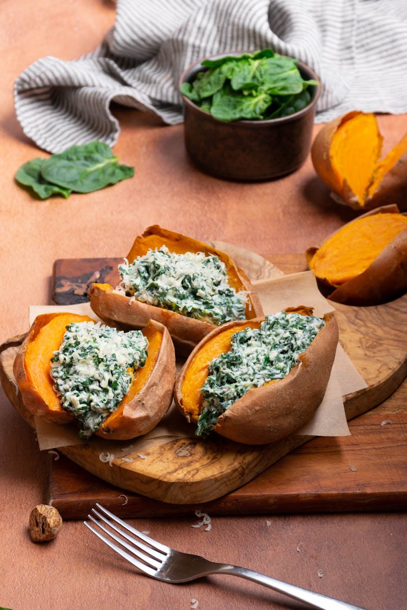 Roasted sweet potatoes with spinach